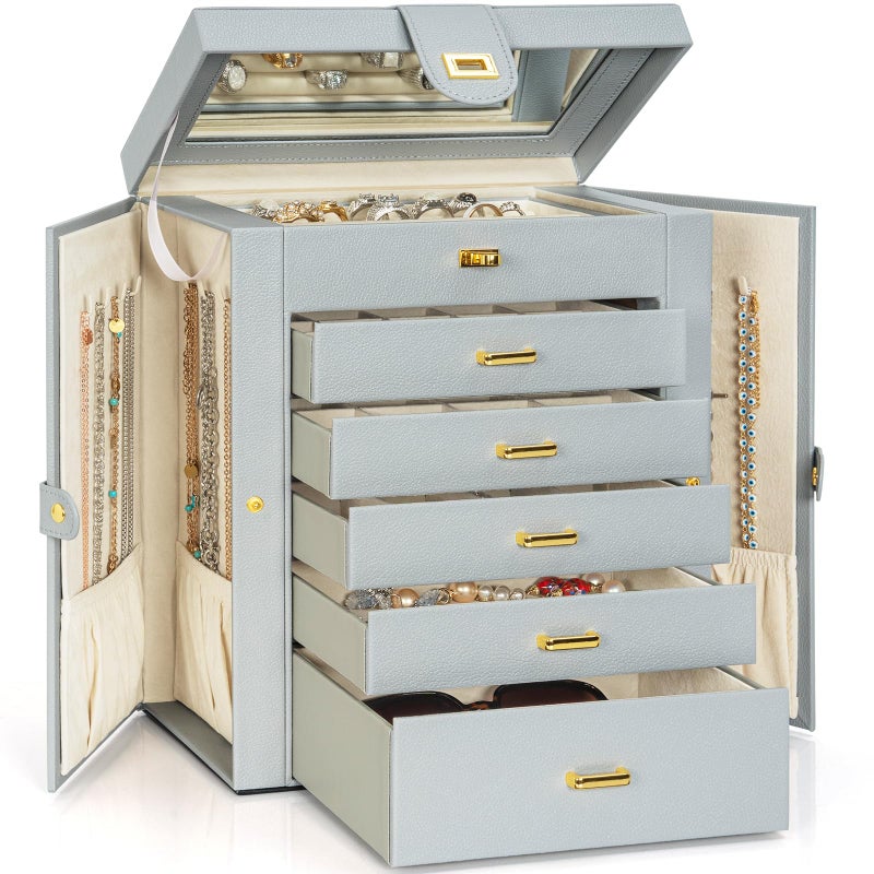 AKOZLIN صندوق مجوهرات كبير من AKOZLIN منظم وظيفي قابل للقفل مع مرآة كبيرة حقيبة تخزين مجوهرات جلدية للنساء والفتيات حاملة الخواتم والقلائد والأقراط والأساور باللون الرمادي