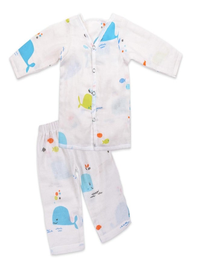 MOM's HOME Unisex Organic Cotton Muslin Full Sleeves Jhabla & Pajama Set - Blue Whale - Set of 1 (9-12 Months) - Image 1