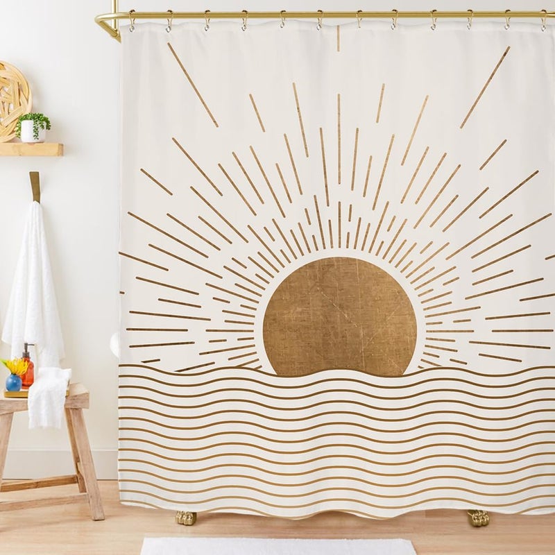 Miyotaa Sun Minimalist Shower Curtain Set 60Wx71H Inches Mid Century Sunrise Sunset Vintage Aesthetic Retro Polyester Waterproof Cloth Bathroom Curtain with 12 Hooks - Image 1