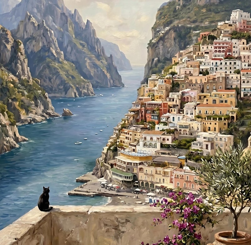 TNESSENTIAL Positano Cat Art Print – Amalfi Coast Poster, Black Cat Wall Decor, Italian Villa Painting, Mediterranean Landscape, Feline Travel Print - Image 2