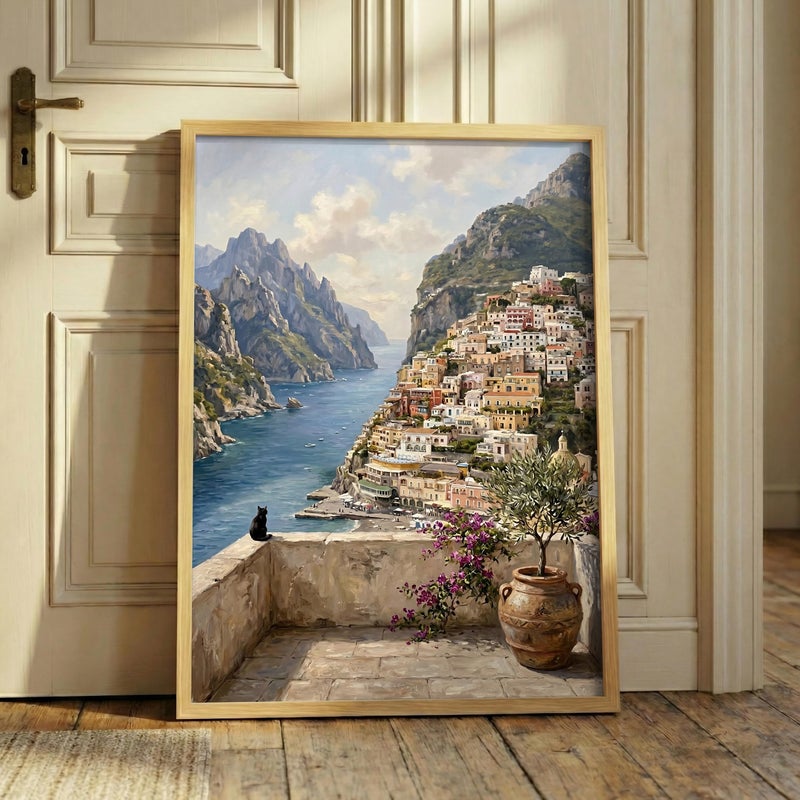 TNESSENTIAL Positano Cat Art Print – Amalfi Coast Poster, Black Cat Wall Decor, Italian Villa Painting, Mediterranean Landscape, Feline Travel Print - Image 1