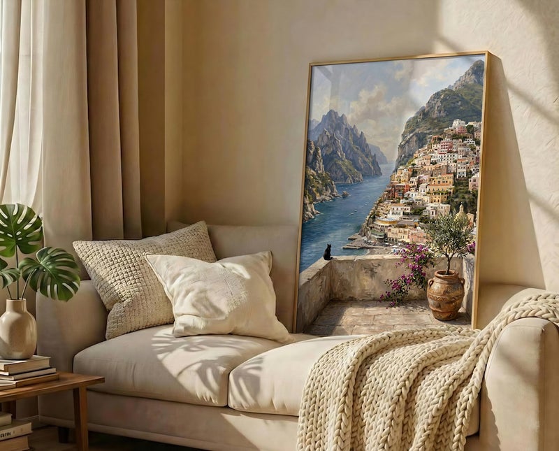 TNESSENTIAL Positano Cat Art Print – Amalfi Coast Poster, Black Cat Wall Decor, Italian Villa Painting, Mediterranean Landscape, Feline Travel Print - Image 3