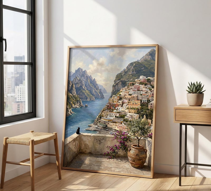 TNESSENTIAL Positano Cat Art Print – Amalfi Coast Poster, Black Cat Wall Decor, Italian Villa Painting, Mediterranean Landscape, Feline Travel Print - Image 4