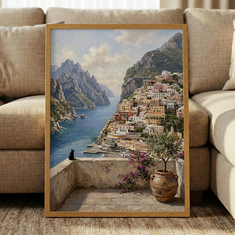 TNESSENTIAL Positano Cat Art Print – Amalfi Coast Poster, Black Cat Wall Decor, Italian Villa Painting, Mediterranean Landscape, Feline Travel Print - Image 5