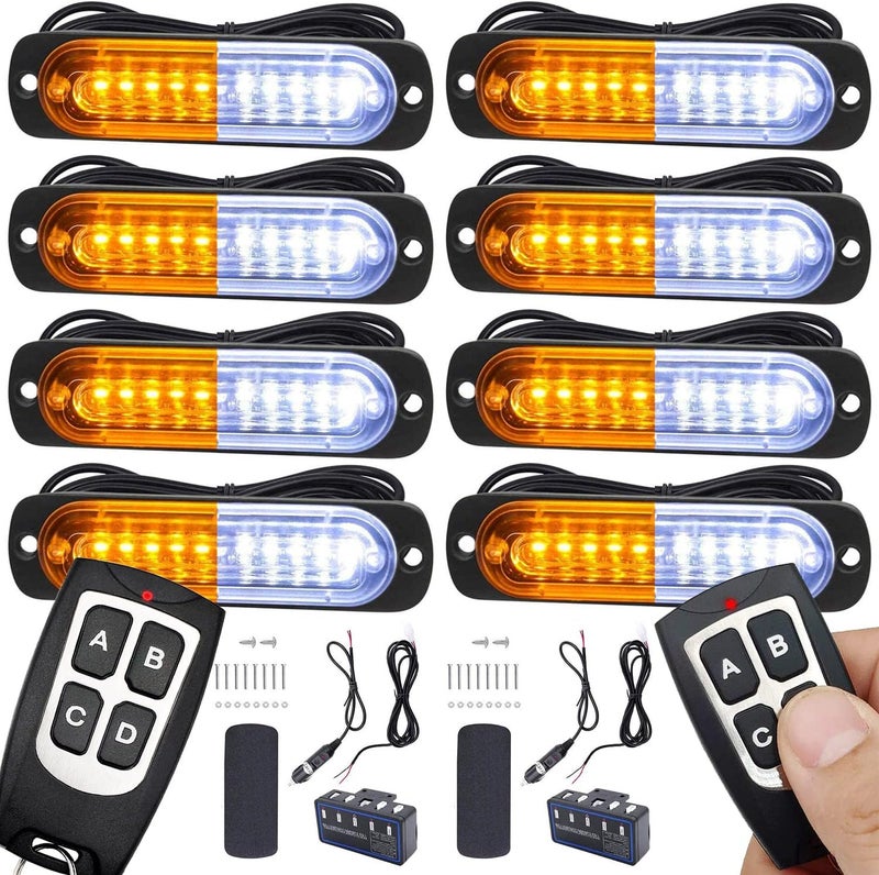 أضواء LED للطوارئ للشاحنات والمركبات وسيارات الدفع الرباعي، 12-24 فولت، 8 قطع، تحذير طوارئ، حذر، خطر، بناء، فائقة النحافة، متزامنة مع صندوق تحكم، تركيب سطحي (أبيض كهرماني) - Image 1