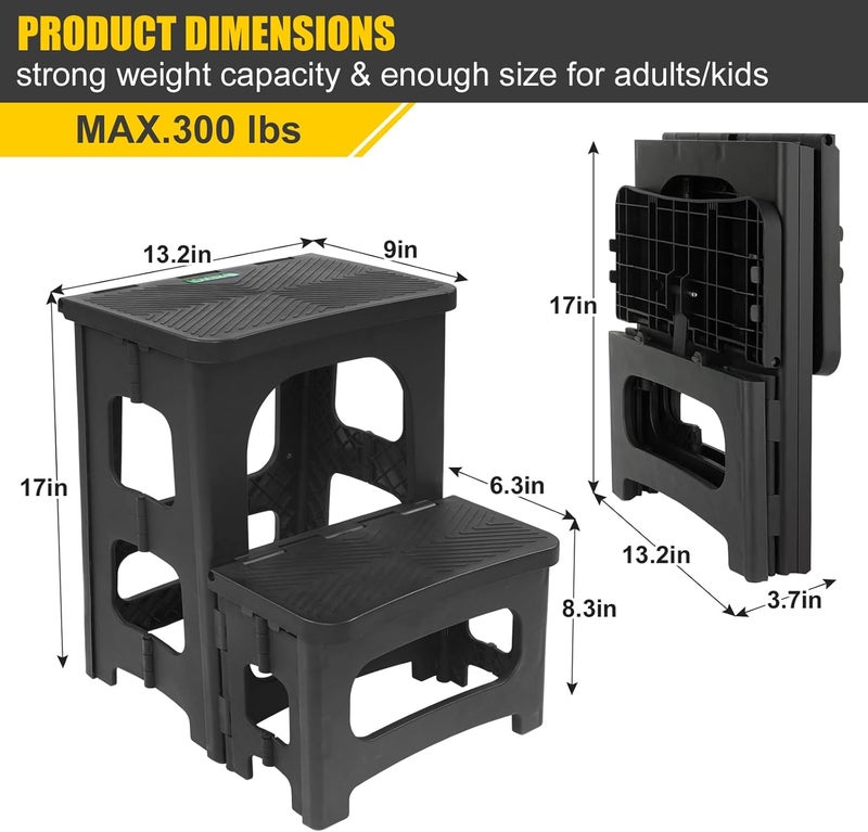 SENQI Folding 2-Step Stool for Adults Kids Non-Slip Collapsible Portable Step Stool for Kitchen Home Toilet Bedroom Office Bathroom Rv,Holds 300 Lbs(Black) - Image 2