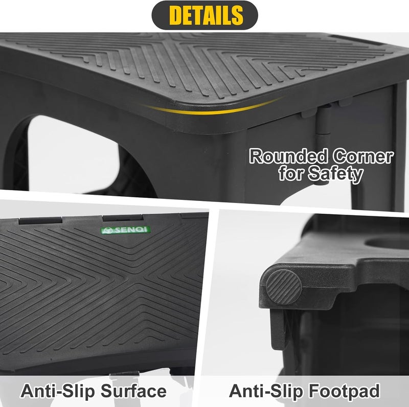 SENQI Folding 2-Step Stool for Adults Kids Non-Slip Collapsible Portable Step Stool for Kitchen Home Toilet Bedroom Office Bathroom Rv,Holds 300 Lbs(Black) - Image 4