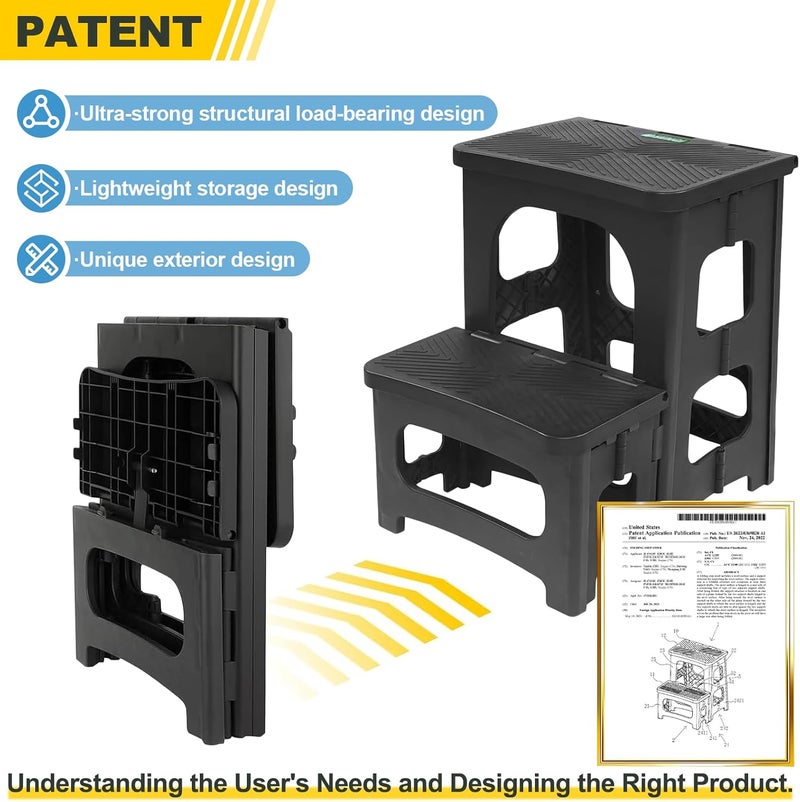 SENQI Folding 2-Step Stool for Adults Kids Non-Slip Collapsible Portable Step Stool for Kitchen Home Toilet Bedroom Office Bathroom Rv,Holds 300 Lbs(Black) - Image 3