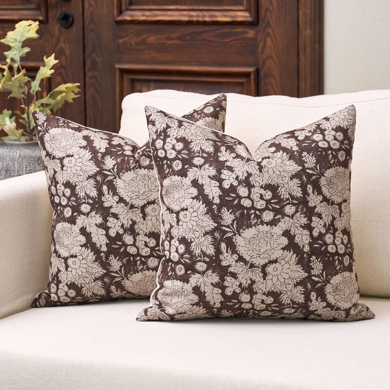 DOMVITUS Floral Pillow Covers 18x18 Set of 2, Vintage Block Print Pillow Covers Neutral Decorative Farmhouse Throw Pillow Covers for Bed Couch Living Room Dark Brown - Image 1