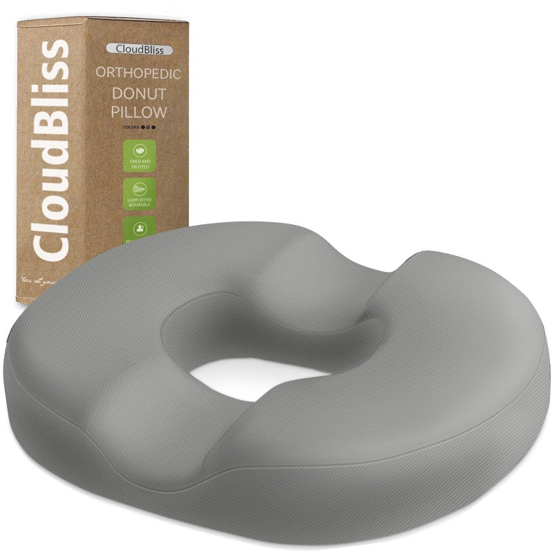 CloudBliss Donut Pillow Seat Cushion Chair Pad for Tailbone Pain Relief and Hemorrhoids Memory Foam Seat Chair Cushion for Men and Women for Home Office Light Grey - Image 2