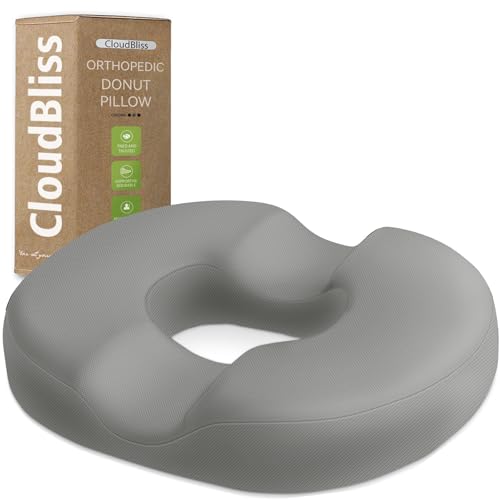 CloudBliss Donut Pillow Seat Cushion Chair Pad for Tailbone Pain Relief and Hemorrhoids Memory Foam Seat Chair Cushion for Men and Women for Home Office Light Grey - Image 1