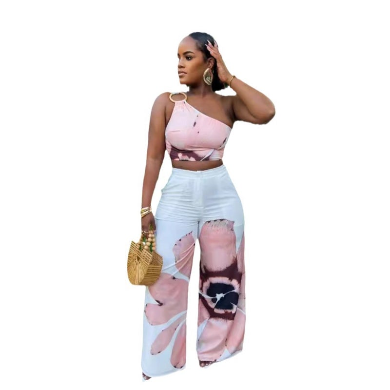 S10831 Printed One-Shoulder Slim-Fit Wide-Leg Pants Two-Piece Set - Image 1