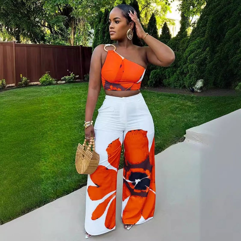 S10831 Printed One-Shoulder Slim-Fit Wide-Leg Pants Two-Piece Set - Image 3