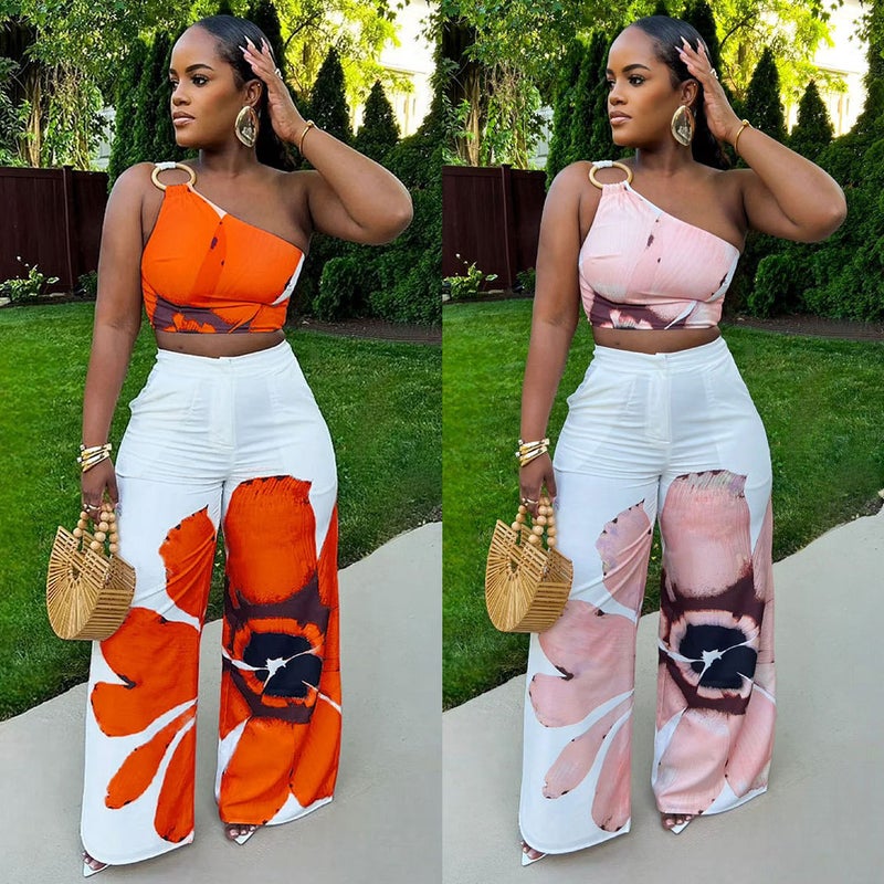 S10831 Printed One-Shoulder Slim-Fit Wide-Leg Pants Two-Piece Set - Image 2