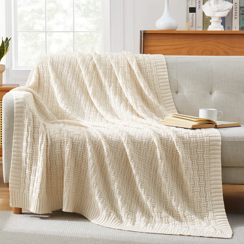 TREELY 100% Cotton Knitted Throw Blanket Couch Cover Blanket(50 x 60 Inches, Ivory White) - Image 2