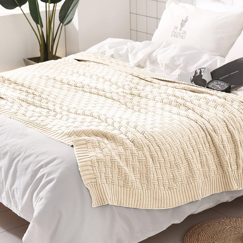 TREELY 100% Cotton Knitted Throw Blanket Couch Cover Blanket(50 x 60 Inches, Ivory White) - Image 4
