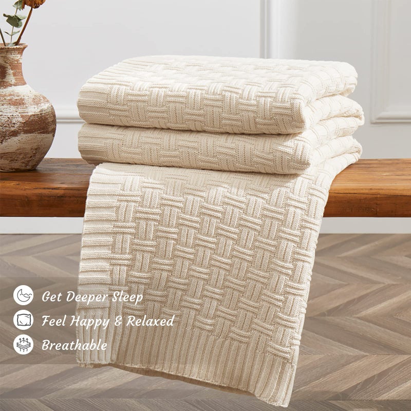 TREELY 100% Cotton Knitted Throw Blanket Couch Cover Blanket(50 x 60 Inches, Ivory White) - Image 3