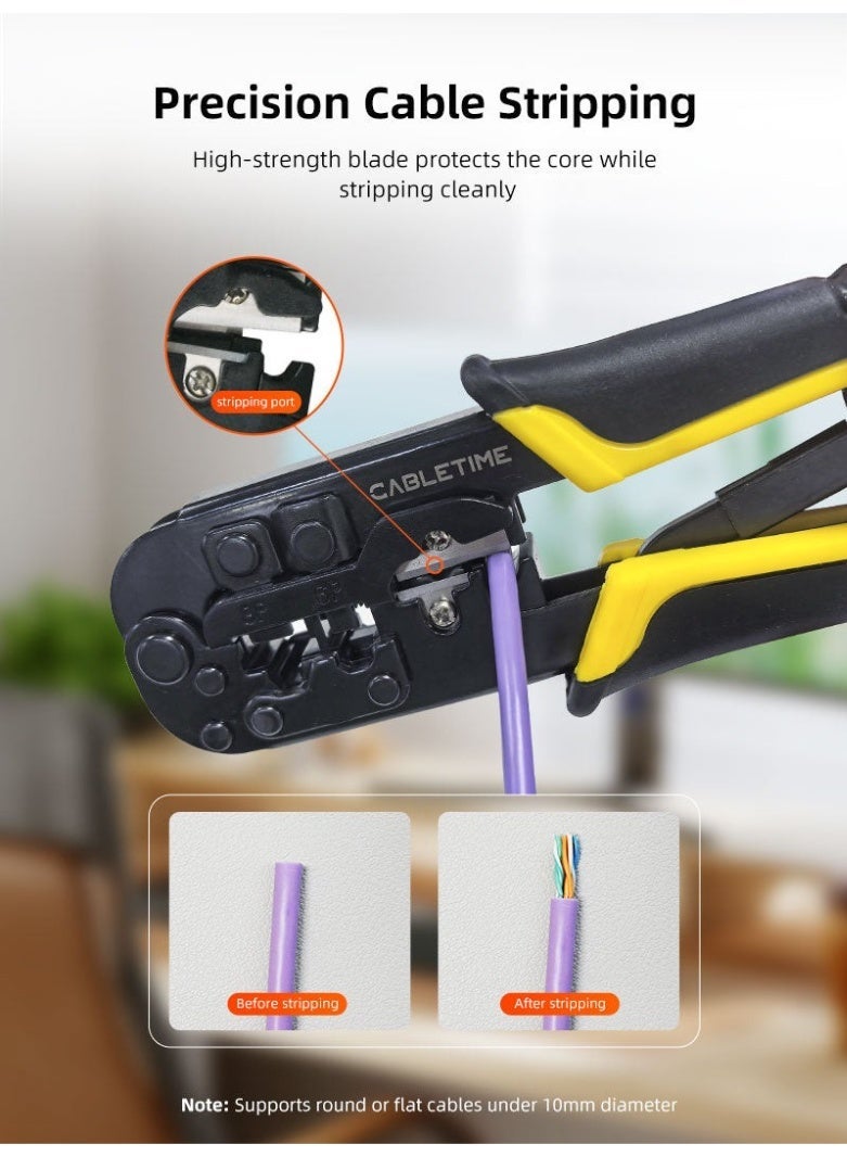 CABLETIME RJ45 Cat5 Cat6 Cable Crimping Tool Professional Network LAN Crimper for 8P8C Connectors Ethernet Cable Cutter Stripper All-in-One Crimp Tool for Cat5e Cat6 Modular Plugs Repair Installation Tool - Image 5