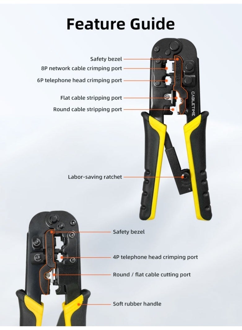 CABLETIME RJ45 Cat5 Cat6 Cable Crimping Tool Professional Network LAN Crimper for 8P8C Connectors Ethernet Cable Cutter Stripper All-in-One Crimp Tool for Cat5e Cat6 Modular Plugs Repair Installation Tool - Image 3