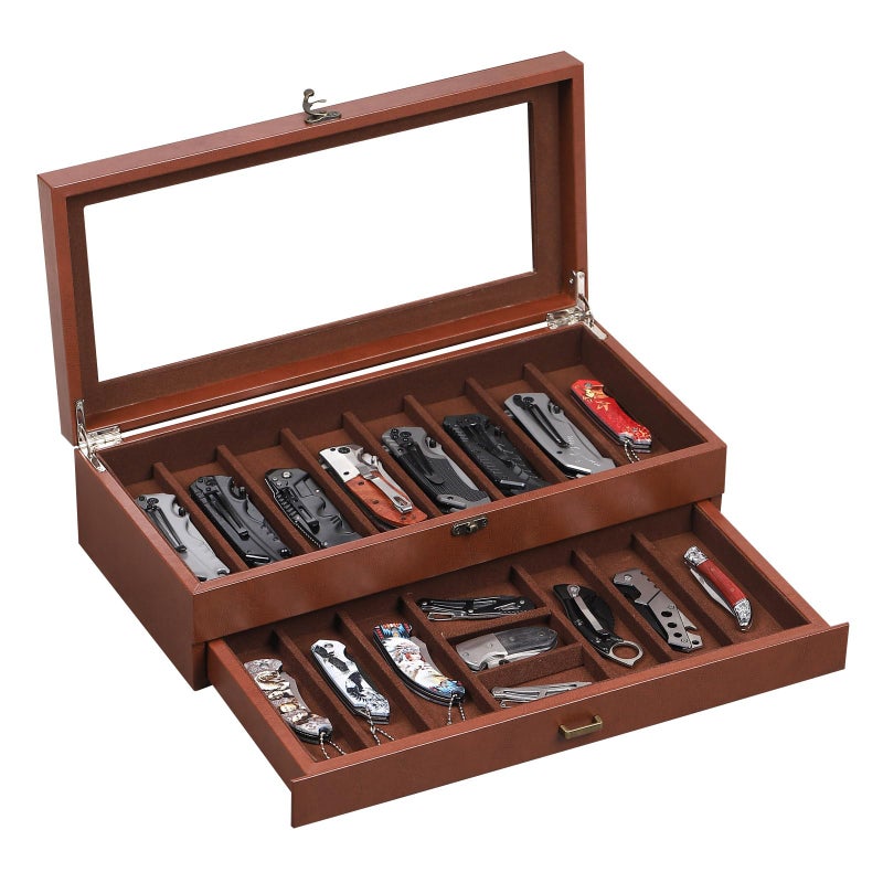 AUTOARK 2-Tier PU Leather & Velvet Knife Organizer with 17 Slots,Transparent Glass Top & Drawer,Compact Storage for Pocket Knives,Perfect for Men's Collections & Gifts,Coffee,MKAW012 - Image 1