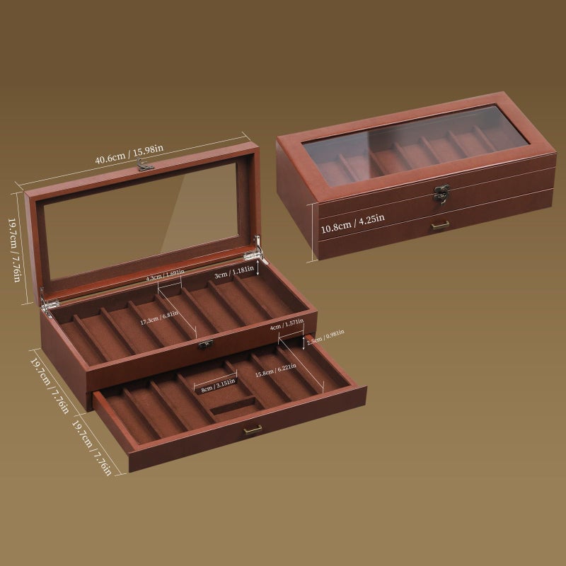 AUTOARK 2-Tier PU Leather & Velvet Knife Organizer with 17 Slots,Transparent Glass Top & Drawer,Compact Storage for Pocket Knives,Perfect for Men's Collections & Gifts,Coffee,MKAW012 - Image 2