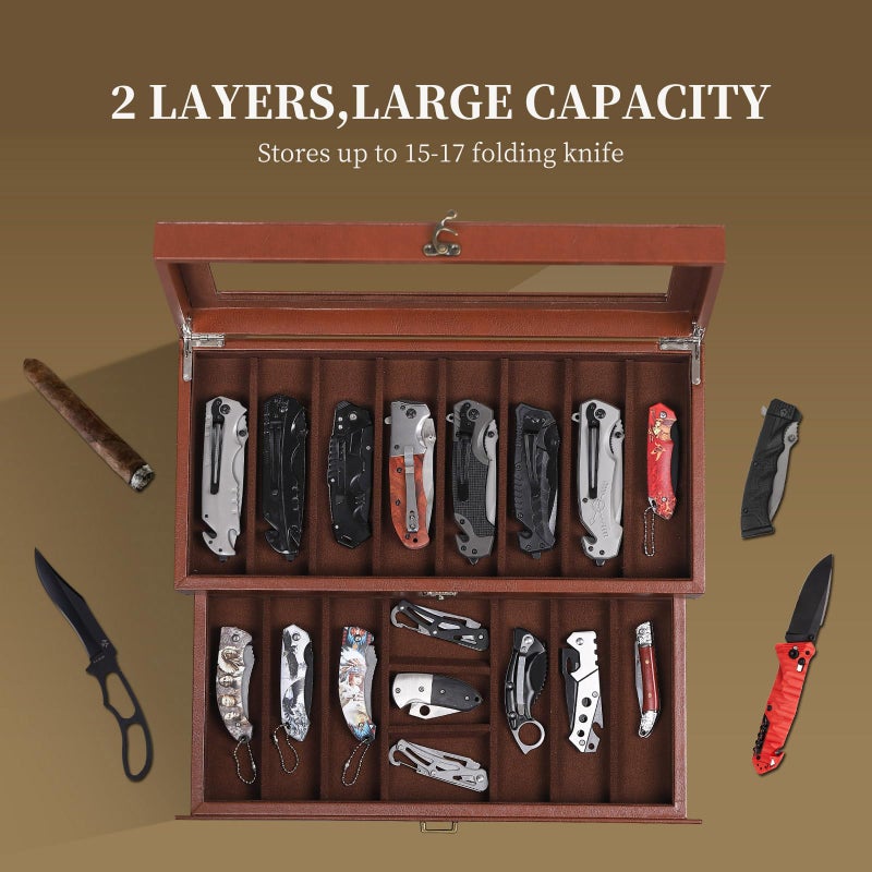 AUTOARK 2-Tier PU Leather & Velvet Knife Organizer with 17 Slots,Transparent Glass Top & Drawer,Compact Storage for Pocket Knives,Perfect for Men's Collections & Gifts,Coffee,MKAW012 - Image 4