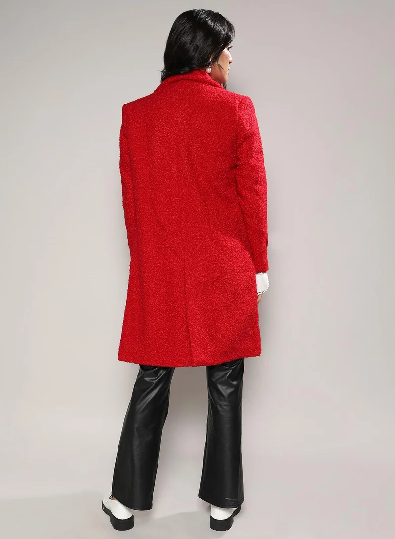 Campus Sutra Campus Sutra Women's Scarlet Red Double-Breasted Sherpa Long Coat For Casual Wear | Lapel Collar | Long Sleeve | Button Closure | Acrylic Long Coat Crafted With Comfort Fit For Everyday Wear
