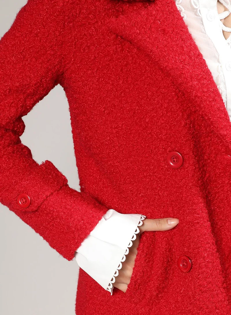 Campus Sutra Campus Sutra Women's Scarlet Red Double-Breasted Sherpa Long Coat For Casual Wear | Lapel Collar | Long Sleeve | Button Closure | Acrylic Long Coat Crafted With Comfort Fit For Everyday Wear