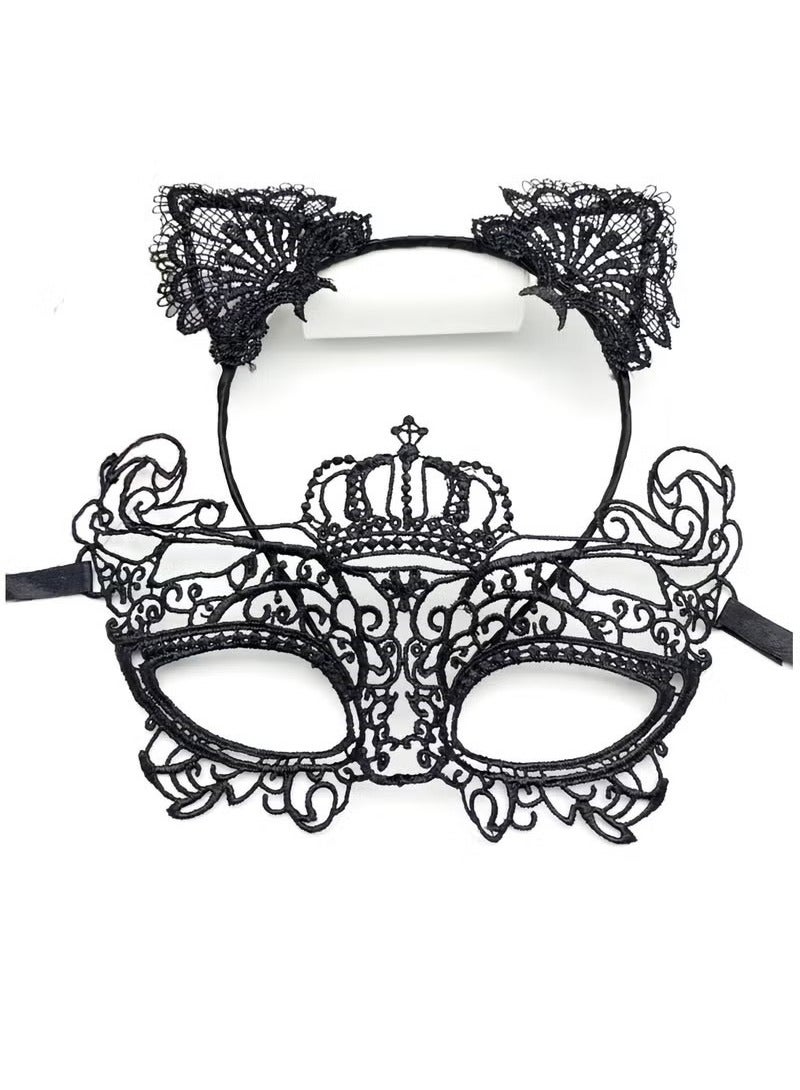 Women's Masquerade Mask and Headband Set, Black Lace Cat Ears Headband Set Venetian Masquerade Mask Party Costume Accessories Filigree Mask Headband (Set of 2)  - Image 1