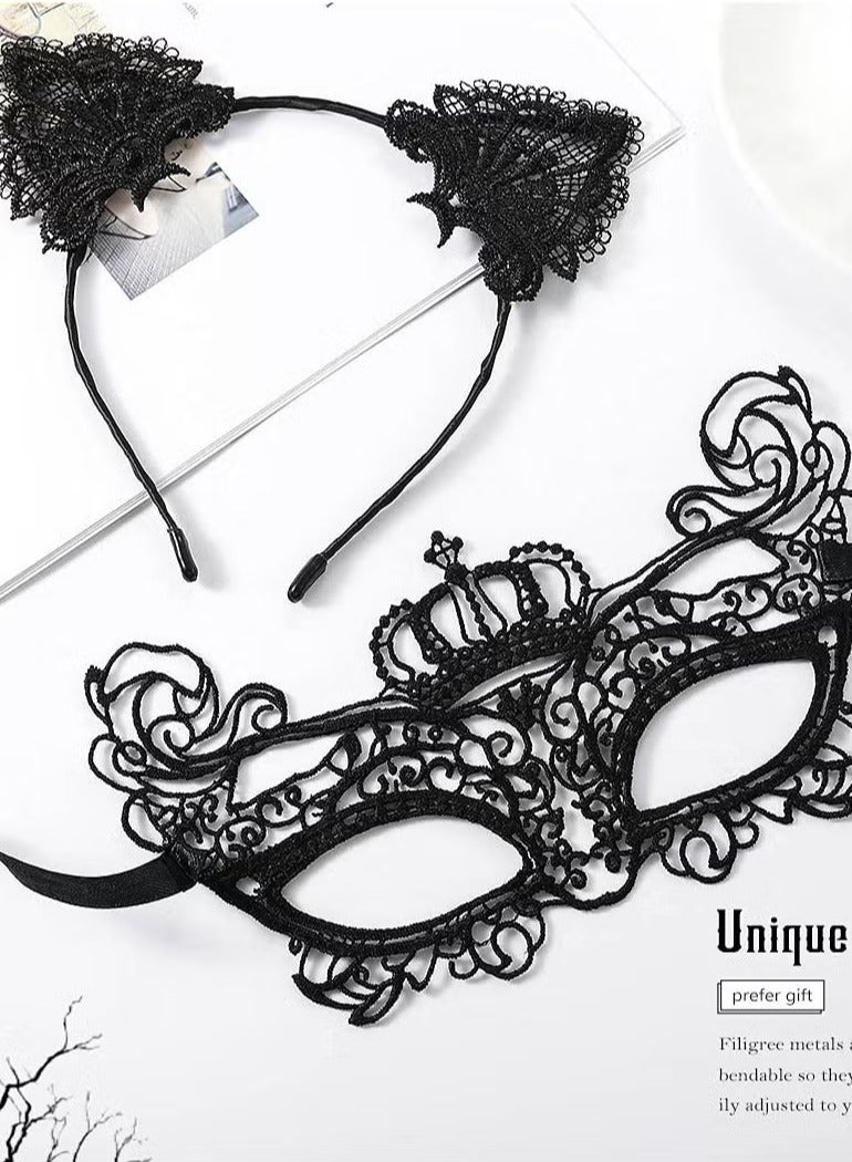 Women's Masquerade Mask and Headband Set, Black Lace Cat Ears Headband Set Venetian Masquerade Mask Party Costume Accessories Filigree Mask Headband (Set of 2)  - Image 2