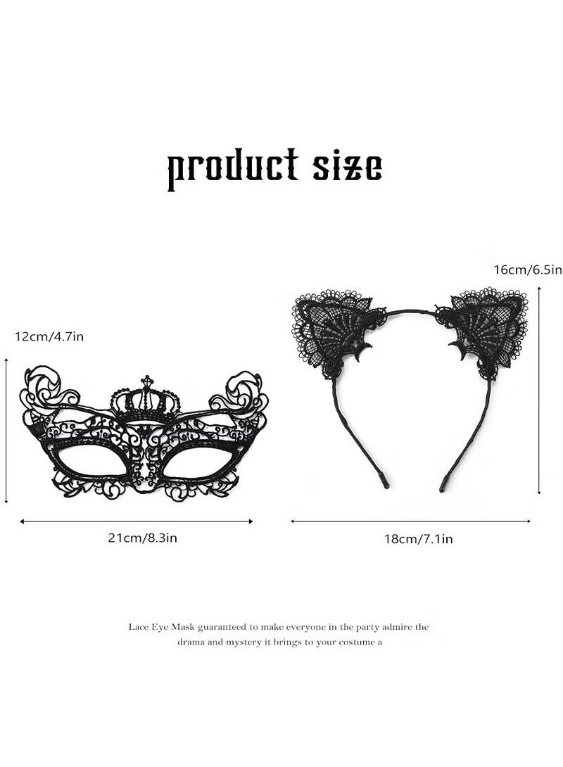 Women's Masquerade Mask and Headband Set, Black Lace Cat Ears Headband Set Venetian Masquerade Mask Party Costume Accessories Filigree Mask Headband (Set of 2)  - Image 3