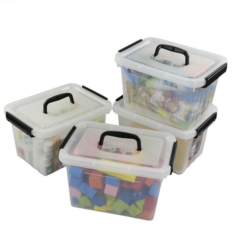 Ggbin 6 Quart Clear Latch Storage Box with Black Handle and Latches - 4 Pack - Image 1