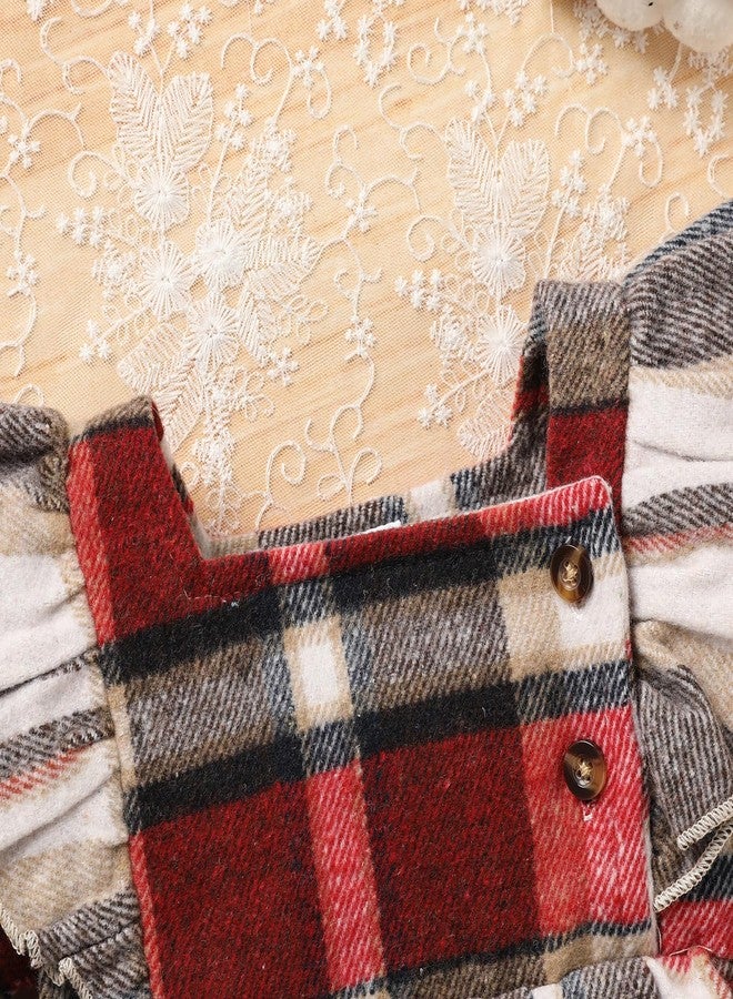 TITKKOP ملابس شتوية خريفية لحديثي الولادة من TITKKOP، رومبير بأكمام طويلة بنقشة مربعات، فستان مكشكش مع ربطة رأس على شكل فيونكة (أحمر، 6-12 شهرًا) - Image 3