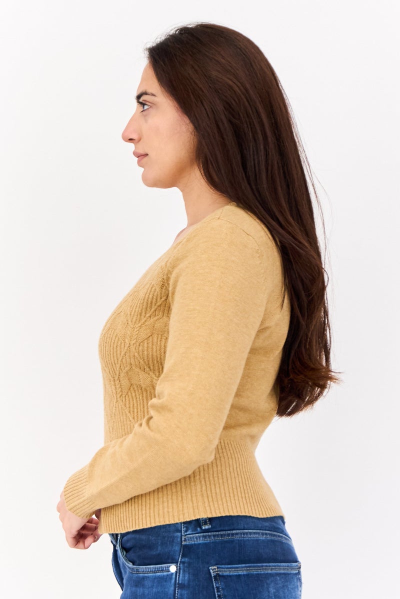 No Comment Women Crew Neck Cable Knit Sweater, Tan  - Image 4