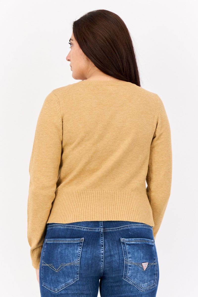 No Comment Women Crew Neck Cable Knit Sweater, Tan  - Image 2