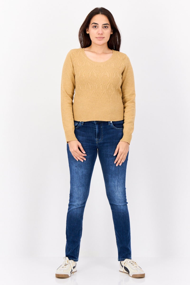 No Comment Women Crew Neck Cable Knit Sweater, Tan  - Image 3