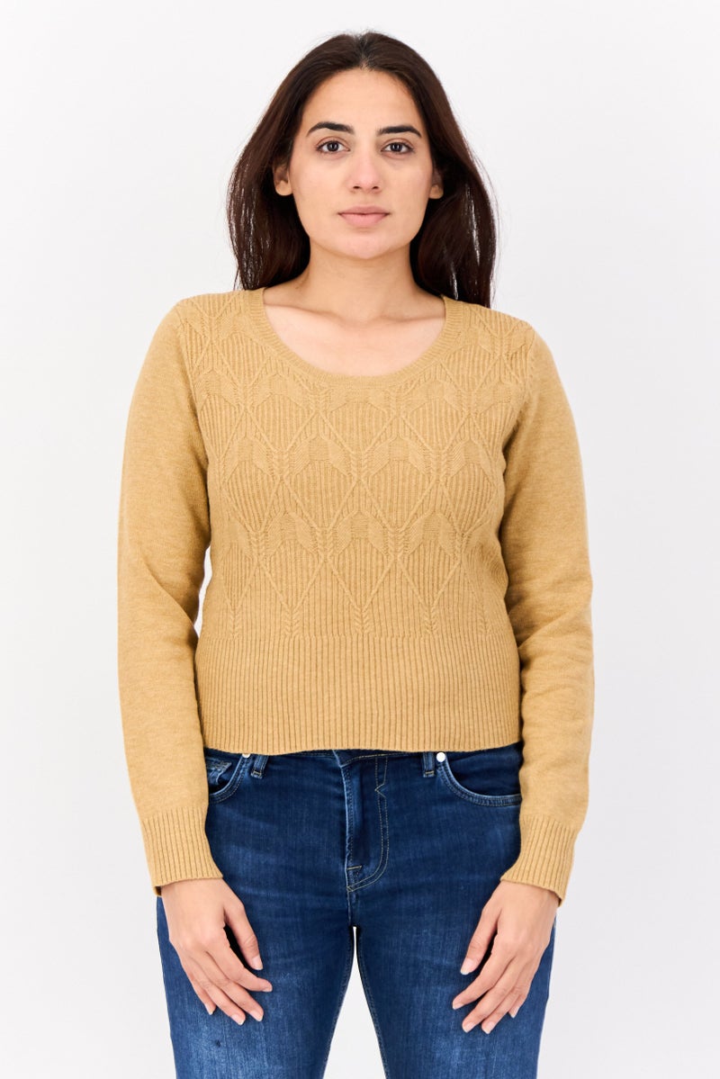 No Comment Women Crew Neck Cable Knit Sweater, Tan  - Image 1