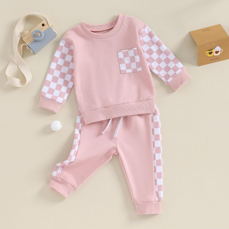 BeQeuewll Baby Girl Clothes Fall Winter Outfits Long Sleeve Sweatsuit Checkboard Sweatshirt and Pants Toddler Infant Clothing (pink, 2-3 Years) - Image 2