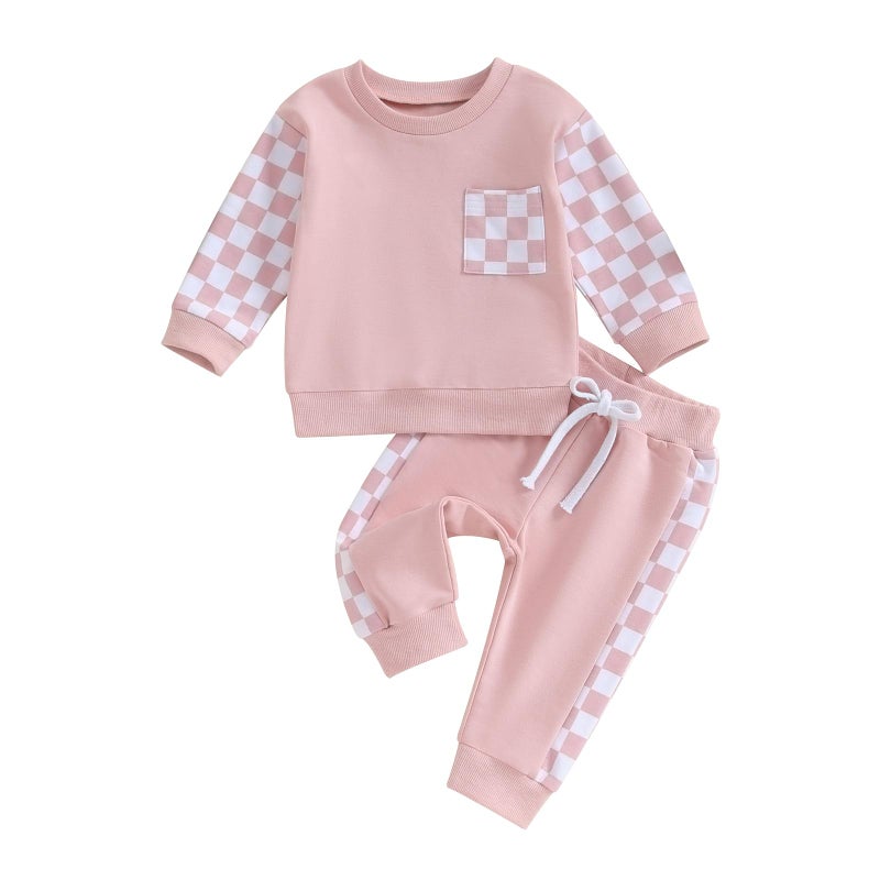 BeQeuewll Baby Girl Clothes Fall Winter Outfits Long Sleeve Sweatsuit Checkboard Sweatshirt and Pants Toddler Infant Clothing (pink, 2-3 Years) - Image 1