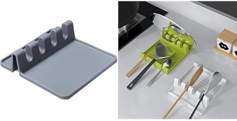 حامل منظم ملاعق ومغارف المطبخ + مسند ملاعق كريزيل، قطعتان من مسند أدوات المطبخ للموقد، تصميم معلق بـ 4+2 فتحات، مسند متعدد للملاعق والمغارف، حصيرة طهي (أبيض وأخضر)
