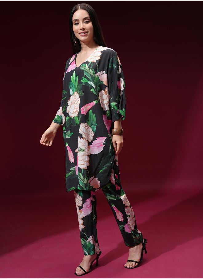 Vishudh Floral Printed V Neck Tunic and Trousers Co-Ords by Styli  - Image 2