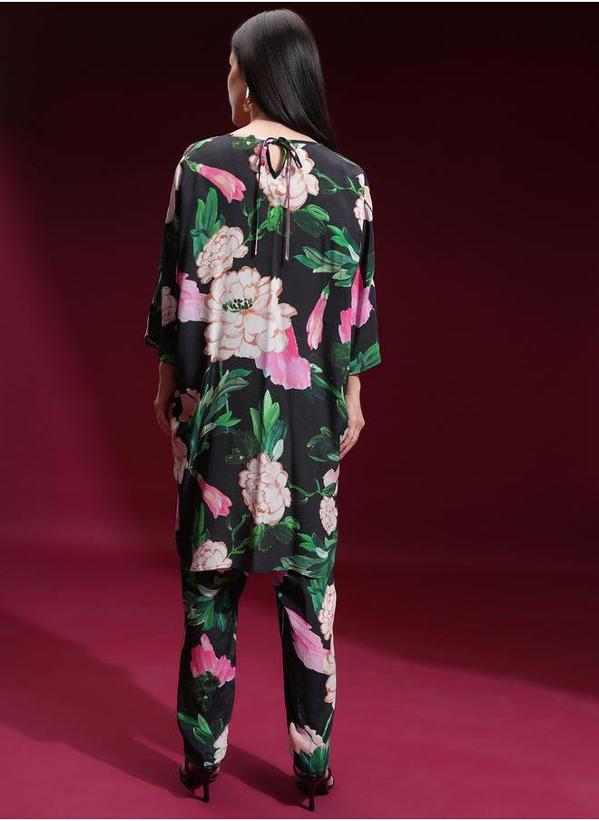 Vishudh Floral Printed V Neck Tunic and Trousers Co-Ords by Styli  - Image 3