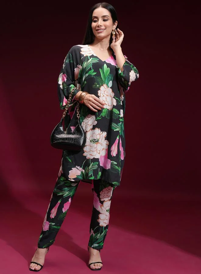 Vishudh Vishudh Floral Printed V Neck Tunic and Trousers Co-Ords