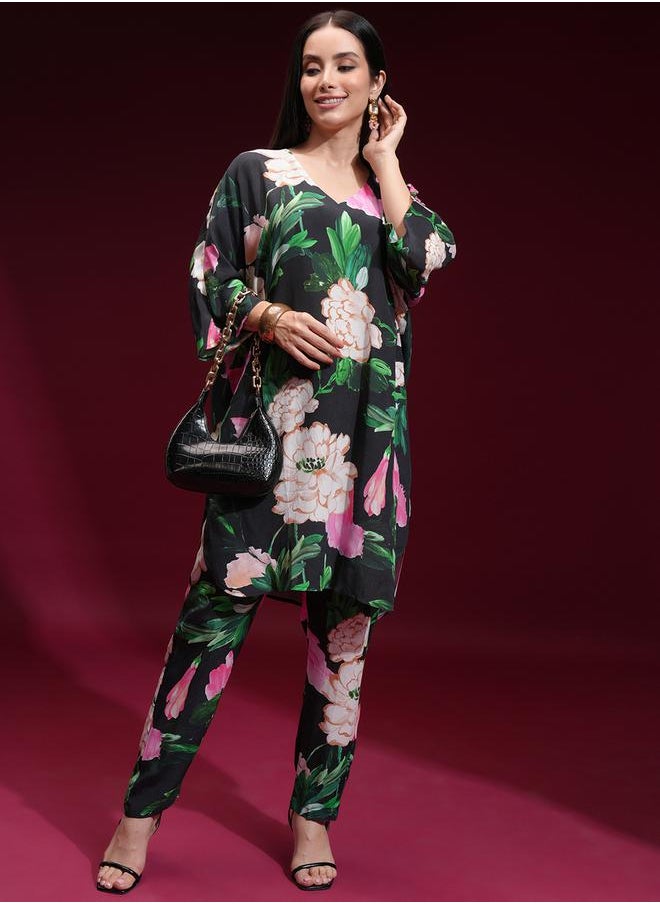 Vishudh Floral Printed V Neck Tunic and Trousers Co-Ords by Styli  - Image 1