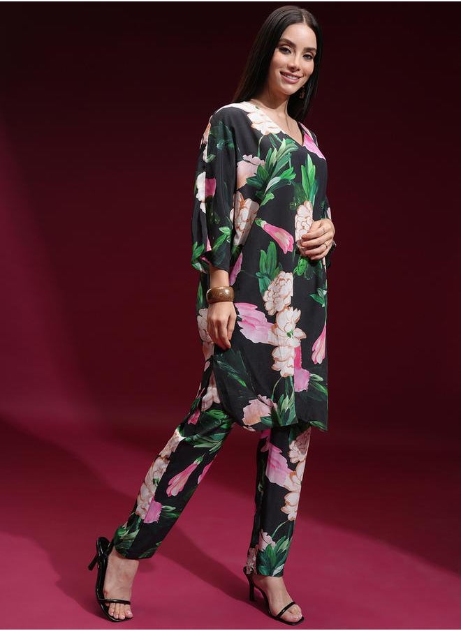 Vishudh Floral Printed V Neck Tunic and Trousers Co-Ords by Styli  - Image 4