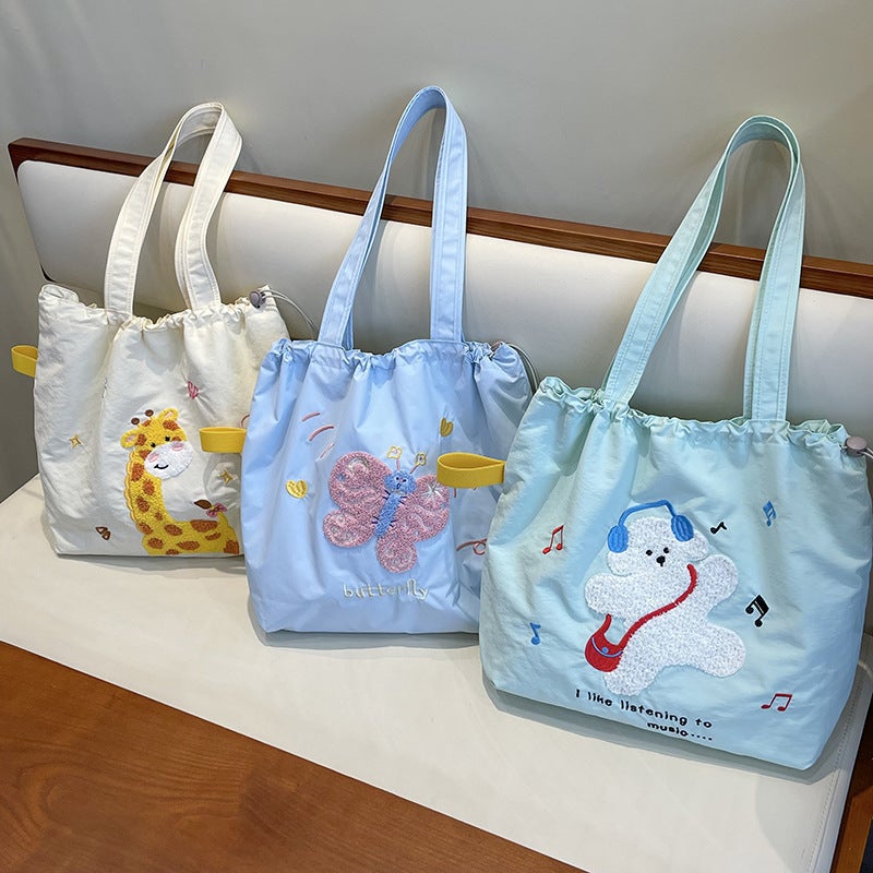 Ins Korean Style Embroidered Drawstring Shoulder Bag Casual Large Capacity Women'S Satchel Canvas Bag Simple Fashionable Class Bag - Image 2