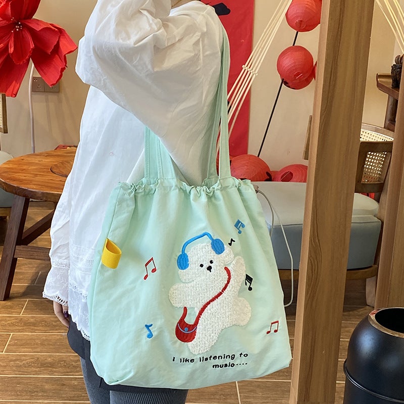 Ins Korean Style Embroidered Drawstring Shoulder Bag Casual Large Capacity Women'S Satchel Canvas Bag Simple Fashionable Class Bag - Image 3