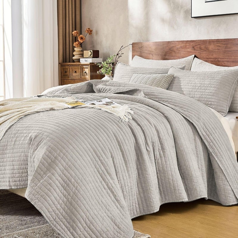 DOWN HOME Queen Quilt Bedding Set with Shams, Vintage Washed Soft Quilted Blanket Thin Comforter Lightweight Bedspread Coverlet Bed Cover, Brushed Microfiber Stripe Stitching, Light Gray, 86"x90" - Image 1