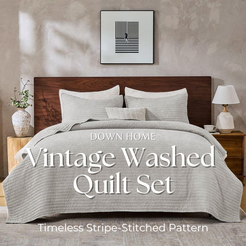 DOWN HOME Queen Quilt Bedding Set with Shams, Vintage Washed Soft Quilted Blanket Thin Comforter Lightweight Bedspread Coverlet Bed Cover, Brushed Microfiber Stripe Stitching, Light Gray, 86"x90" - Image 2