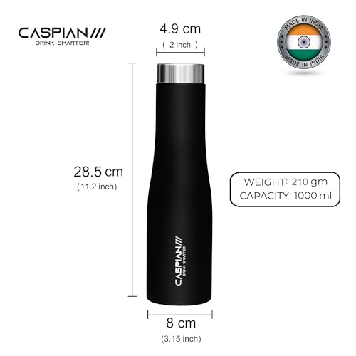 CASPIAN /// Aqua Stainless Steel Water Bottle (Black, 1 Litre, Set of 6)| Leak Proof Thunder for Fridge Home Office Travel School Kids Boys Girls Adults Sports Gym Yoga - Image 3
